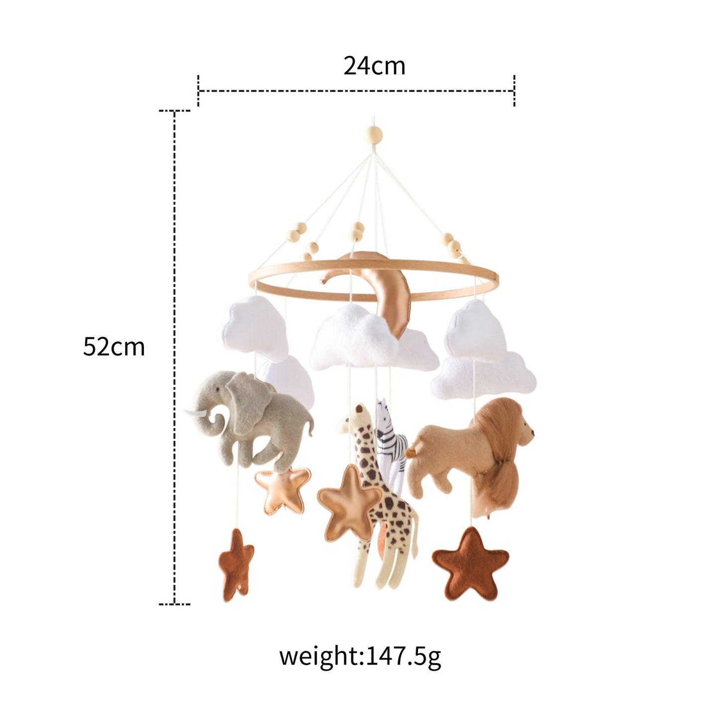 Felt Forest Animal Crib Mobile with Moon & Clouds – Wooden Nursery Hanging Bed Bell for Baby Hand-Eye Development